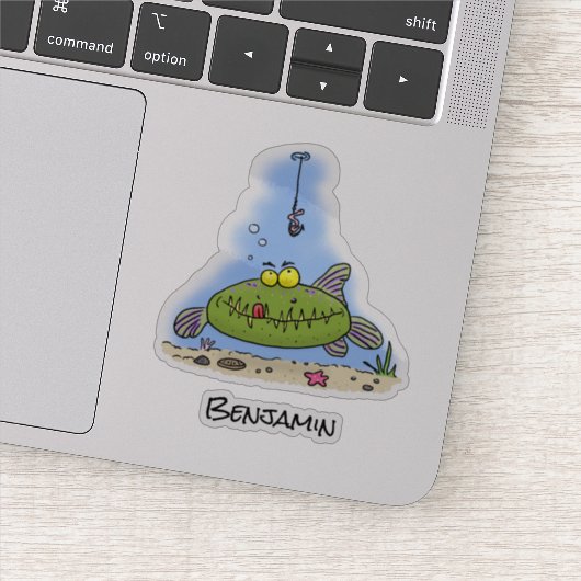 Grappig vethongerige groene visvisserij-cartoon sticker (Detail)