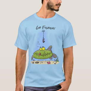 Grappig vethongerige groene visvisserij-cartoon t-shirt