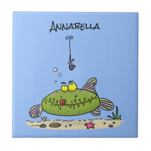 Grappig vethongerige groene visvisserij-cartoon tegeltje