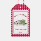 Grappig vrolijk kerstfeest! Cat vs Tree Red Gingha Cadeaulabel (Achterkant)