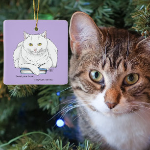 Grappig Witte Kat Boek Lezen Humor Paars Keramisch Ornament