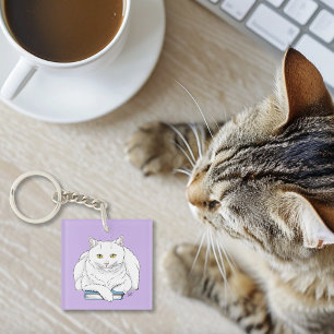 Grappig Witte Kat Boek Lezen Humor Paars Sleutelhanger