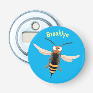 Grappig woedende wesp cartoon illustratie button flesopener