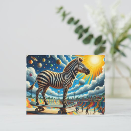Grappig Zebra Skateboarden Surreal Kleurrijk Briefkaart (Staand voorkant)
