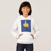 Grappig zee vogel omringd door cartoon van haaien (Voorkant volledig)