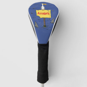 Grappig zee vogel omringd door cartoon van haaien golfheadcover