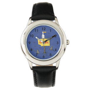 Grappig zee vogel omringd door cartoon van haaien horloge