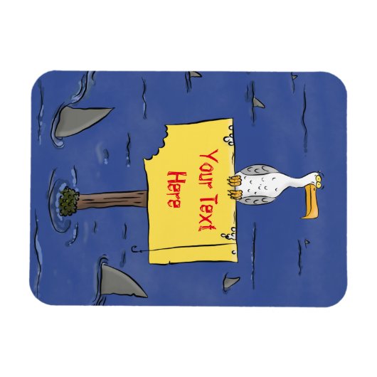 Grappig zee vogel omringd door cartoon van haaien magneet (Horizontaal)