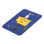 Grappig zee vogel omringd door cartoon van haaien magneet (Linkerzijde)