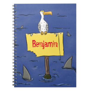Grappig zee vogel omringd door cartoon van haaien notitieboek