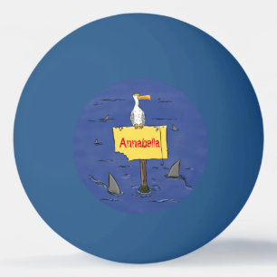 Grappig zee vogel omringd door cartoon van haaien pingpongballen