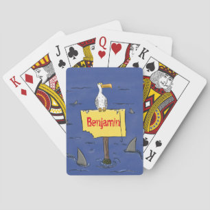 Grappig zee vogel omringd door cartoon van haaien pokerkaarten