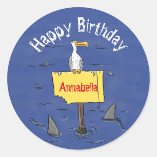 Grappig zee vogel omringd door cartoon van haaien ronde sticker