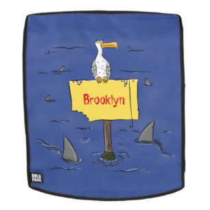 Grappig zee vogel omringd door cartoon van haaien rugtassen