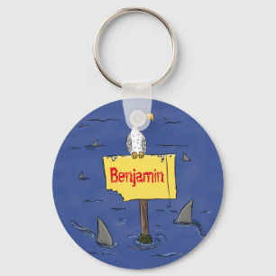 Grappig zee vogel omringd door cartoon van haaien sleutelhanger