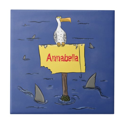 Grappig zee vogel omringd door cartoon van haaien tegeltje (Voorkant)
