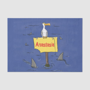 Grappig zee vogel omringd door cartoon van haaien tissuepapier