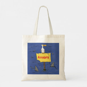 Grappig zee vogel omringd door cartoon van haaien tote bag