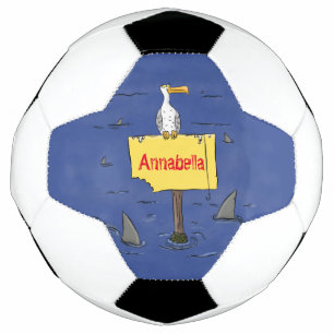 Grappig zee vogel omringd door cartoon van haaien voetbal