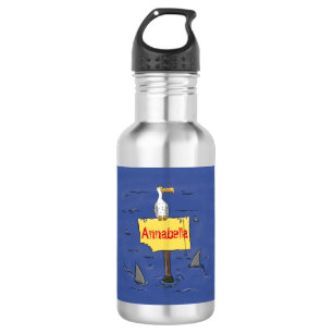 Grappig zee vogel omringd door cartoon van haaien waterfles