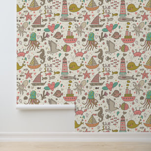 Grappig zomerpatroon met schepen behang