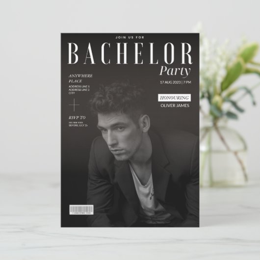 Grappig, zwart en wit, vrijgezellenfeest tijdschri kaart (Staand voorkant)