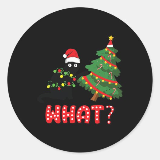 Grappig zwart kat dat kerstboom overspoelt boven k ronde sticker (Voorkant)