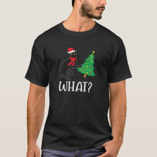 Grappig zwart kat dat kerstboom overspoelt boven k t-shirt