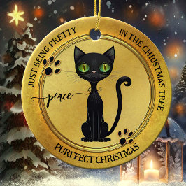 Grappig  Zwart Kat Goud Kerst Keramisch Ornament