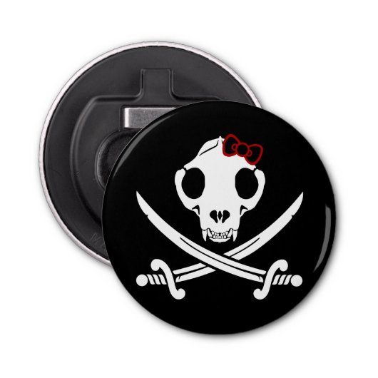 Grappig zwart wit jolly Kat piraat schedel sabels Button Flesopener (Voorkant)