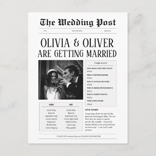 Grappig zwart-wit krantenfoto bruiloft briefkaart (Voorkant)