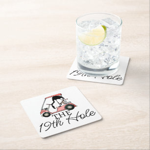 Grappige 19e hole golfkar Flamingo Vierkante Kartonnen Onderzetter