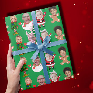 Grappige aangepaste familie gezicht foto kerstcade cadeaupapier
