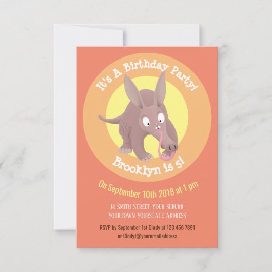 Grappige aardvark cartoon gepersonaliseerde uitnod kaart (Voorkant)