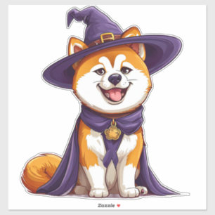Grappige Akita-hond met paarse tovenaarshoed Sticker
