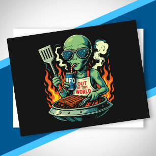 Grappige Alien BBQ Illustratie Retro Science-Ficti Feestdagenkaart
