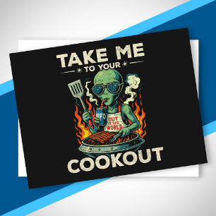 Grappige Alien BBQ Picknick Retro UFO Ruimte Grill Feestdagenkaart
