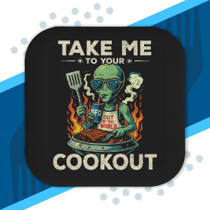 Grappige Alien BBQ Picknick Retro UFO Ruimte Grill Papieren Bordje