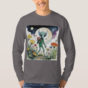 Grappige Alien Die Bloemen Pakt Bij Volle Maan T-shirt