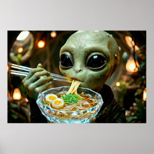 Grappige Alien die Ramen Noedels eet Poster