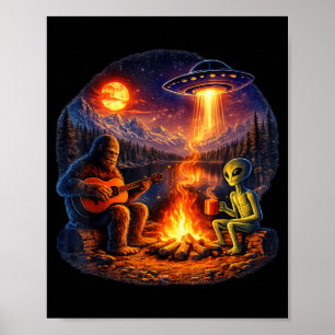 Grappige Alien en Bigfoot Kampvuur Maan UFO Poster