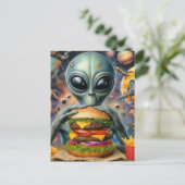 Grappige Alien Eten Cheeseburger Briefkaart (Staand voorkant)