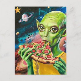 Grappige alien in de ruimte eten pizza briefkaart