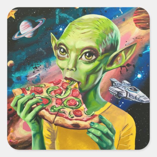 Grappige alien in de ruimte eten pizza vierkante sticker (Voorkant)