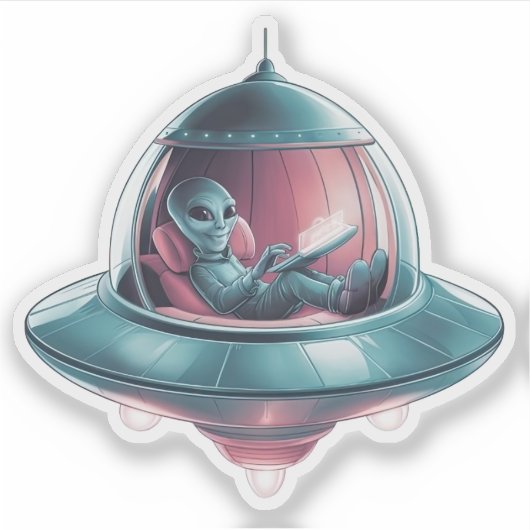 Grappige alien in UFO Sticker (Voorkant)