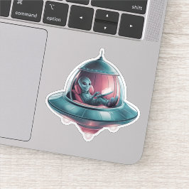 Grappige alien in UFO Sticker
