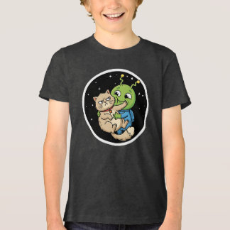 Grappige Alien Knuffelt met Chagrijnige Kat Ruimte Tri-Blend Shirt