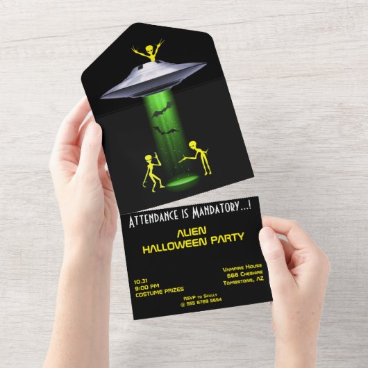 Grappige Alien 🎅🛸 UFO Halloween Party All In One Uitnodiging (Afscheurbaar)