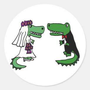 Grappige alligator bruid en bruidegom Cartoon Ronde Sticker