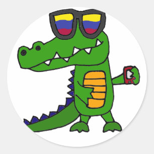 Grappige alligator met mobiele telefoon ronde sticker